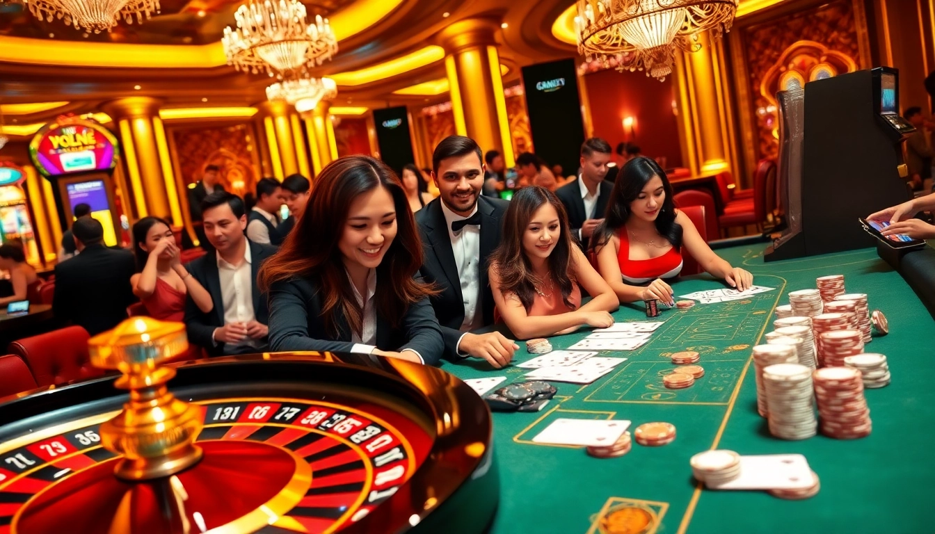 situs apiraja88 players enjoying a thrilling casino atmosphere with roulette, cards, and slot machines