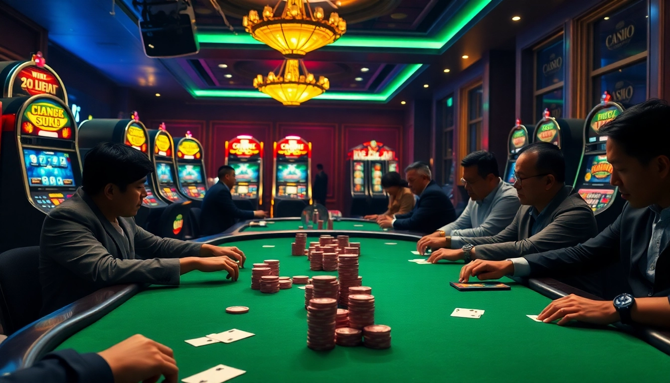 Players enjoying a thrilling poker game at situs apiraja88, showcasing high-stakes action and luxury.