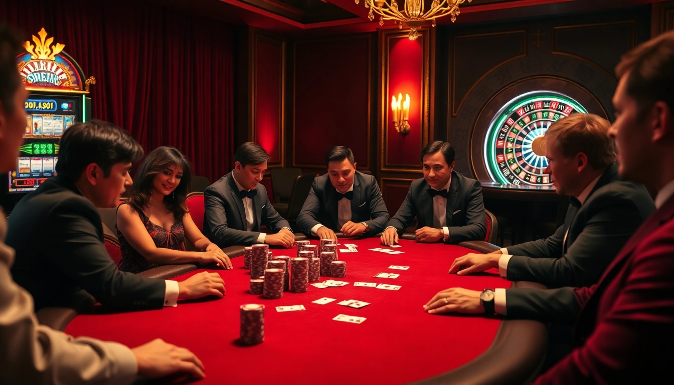 A captivating casino homepage scene with players engaged in poker and a roulette wheel, showcasing excitement and strategy.