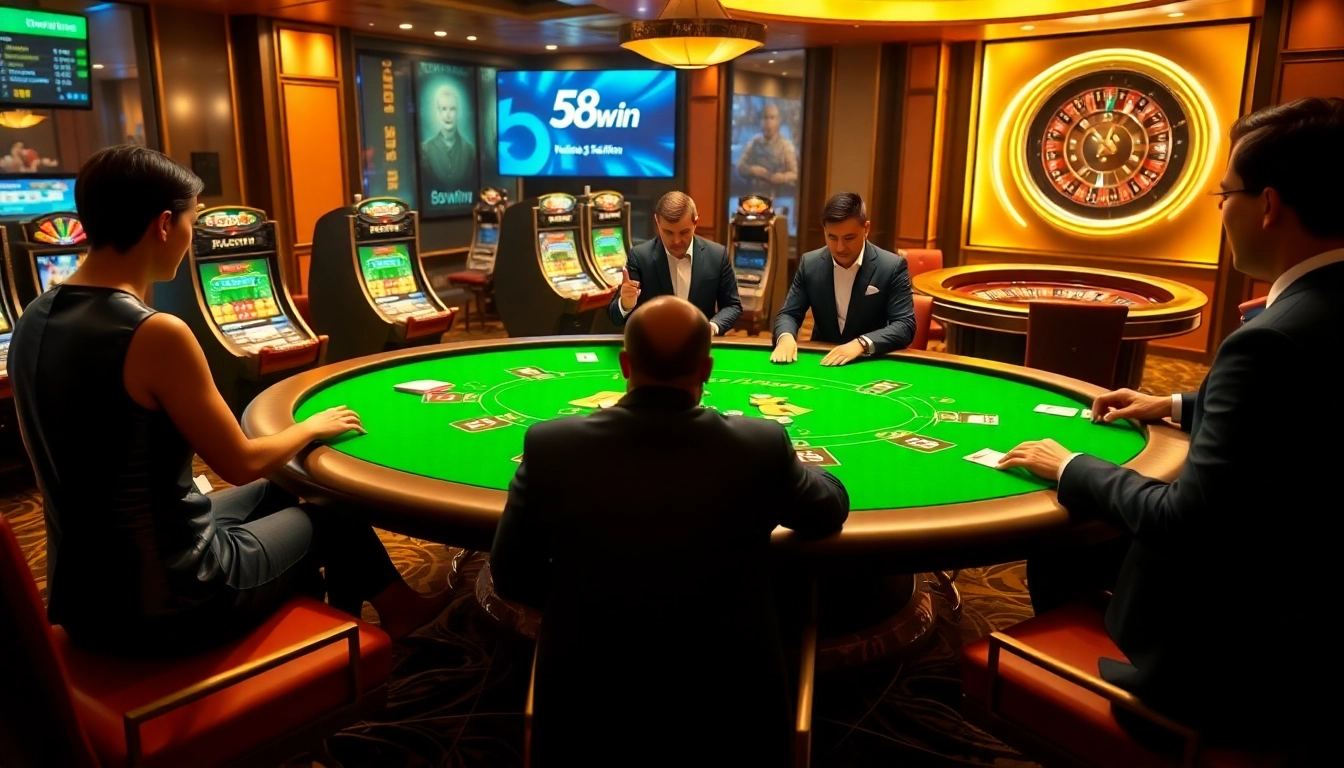 Players enjoying blackjack at a luxurious casino with the 58win logo prominently displayed.