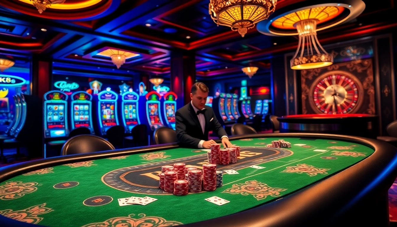 Experience the thrill of BK8 at a vibrant casino table with poker chips and cards.