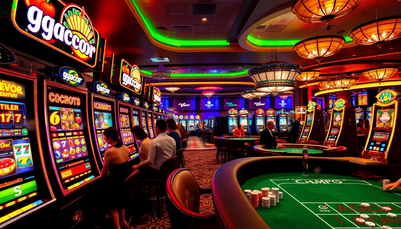 Players enjoy gacor slots in a lively casino, surrounded by bright machines and poker chips.